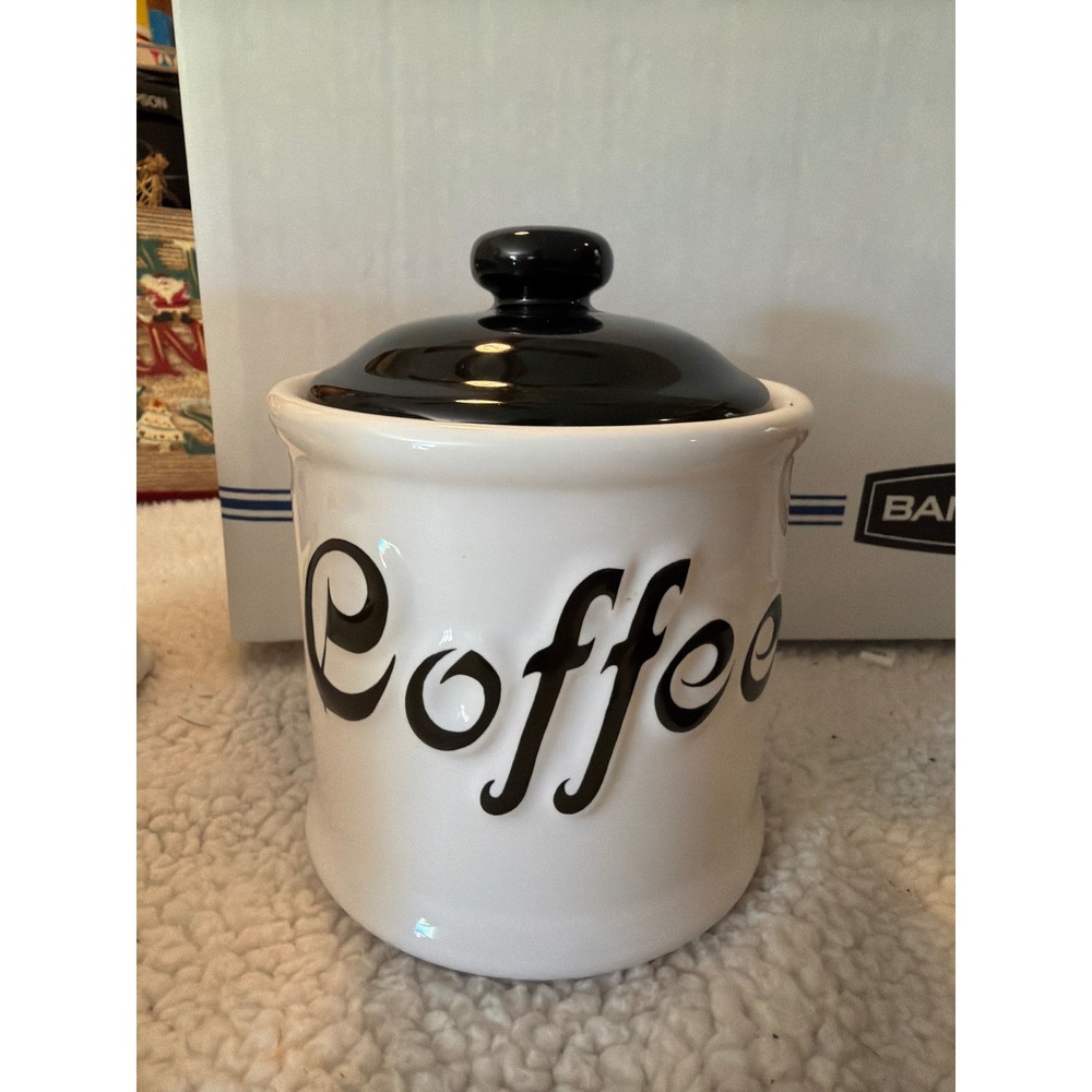 Jay Import Co Ceramic Coffee Canister White Black Script Kitchen Storage Jar Lid